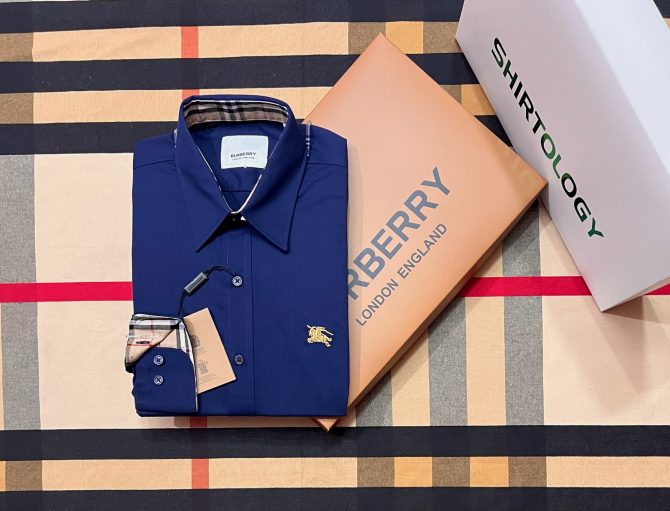 Burberry Premium Solid Shirt Navy cane collar 09 - Image 3