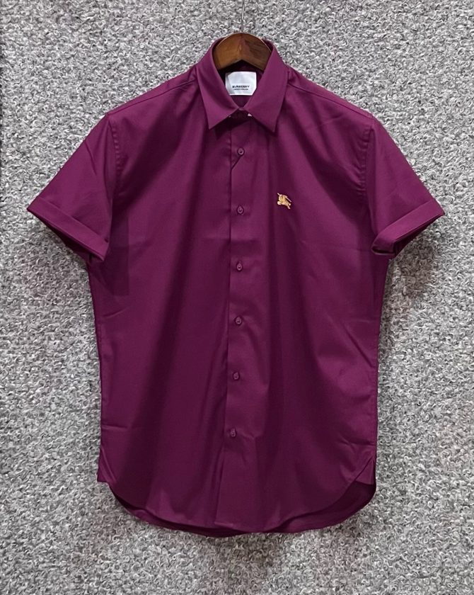 Burberry Half Sleeve Solid Shirt Maroon golden logo