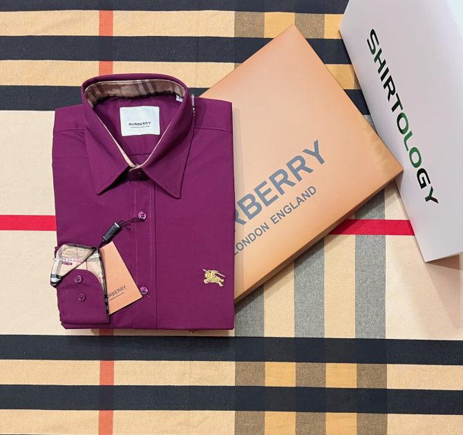 Burberry Premium Solid Shirt Maroon 10 Cane Collar